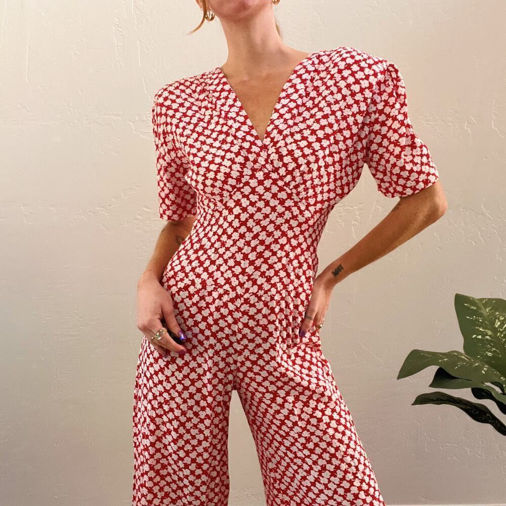 Vintage 1980's Red Floral Short Sleeve Cropped Jumpsuit